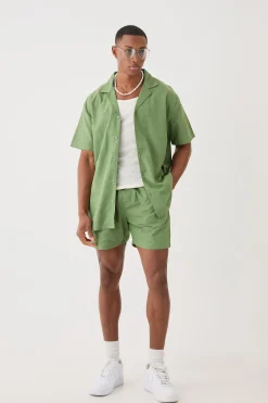 Short Sleeve Oversized Linen Shirt & Short Set | BoohooMAN UK