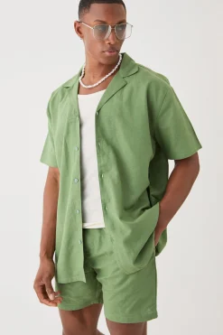 Short Sleeve Oversized Linen Shirt & Short Set | BoohooMAN UK