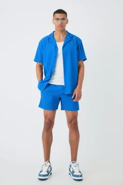 Short Sleeve Oversized Lightweight Pleat Shirt & Short Set | BoohooMAN UK