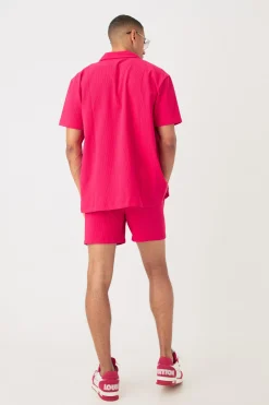 Short Sleeve Oversized Lightweight Pleat Shirt & Short Set | BoohooMAN UK