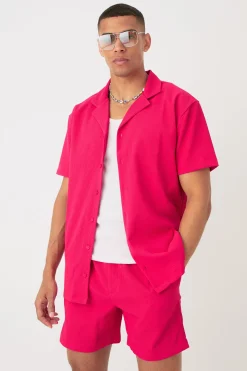 Short Sleeve Oversized Lightweight Pleat Shirt & Short Set | BoohooMAN UK