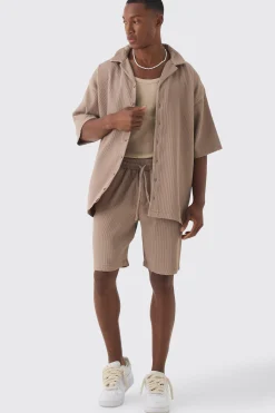 Short Sleeve Oversized Pleated Shirt & Short Set | BoohooMAN UK