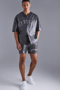 Short Sleeve Oversized Pu Baseball Shirt & Short Set | BoohooMAN UK