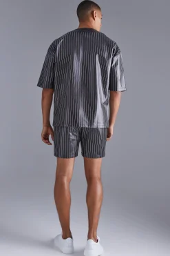 Short Sleeve Oversized Pu Baseball Shirt & Short Set | BoohooMAN UK