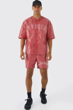 Short Sleeve Oversized Pu Baseball Shirt & Short Set | BoohooMAN UK