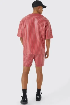 Short Sleeve Oversized Pu Baseball Shirt & Short Set | BoohooMAN UK