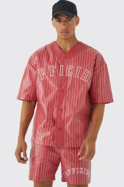 Short Sleeve Oversized Pu Baseball Shirt & Short Set | BoohooMAN UK