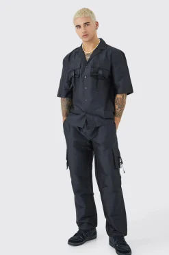 Short Sleeve Oversized Revere Utility Shirt & Cargo Trouser Set | BoohooMAN UK