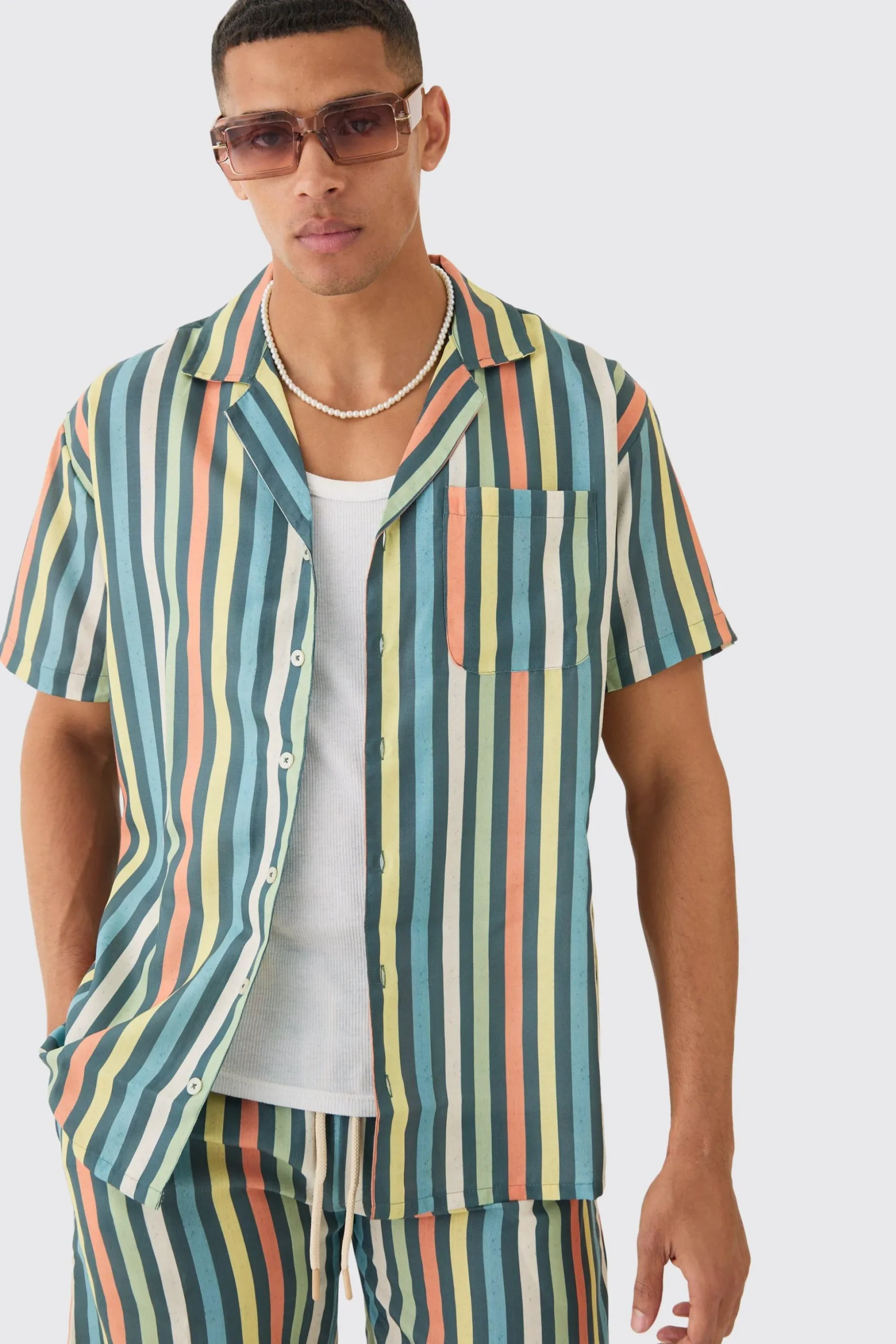 Short Sleeve Oversized Revere Stripe Shirt | BoohooMAN UK