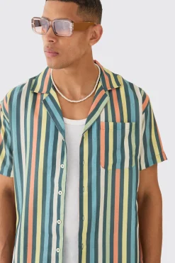 Short Sleeve Oversized Revere Stripe Shirt | BoohooMAN UK