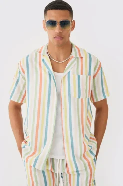 Short Sleeve Oversized Revere Stripe Set | BoohooMAN UK
