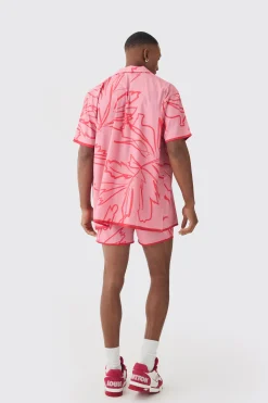 Short Sleeve Oversized Satin Tonal Palm Shirt & Short Set | BoohooMAN UK