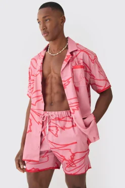 Short Sleeve Oversized Satin Tonal Palm Shirt & Short Set | BoohooMAN UK