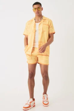 Short Sleeve Oversized Satin Tonal Palm Shirt & Short | BoohooMAN UK