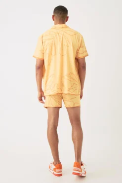 Short Sleeve Oversized Satin Tonal Palm Shirt & Short | BoohooMAN UK