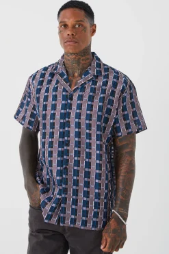Short Sleeve Oversized Sheer Velour Check Shirt | BoohooMAN UK