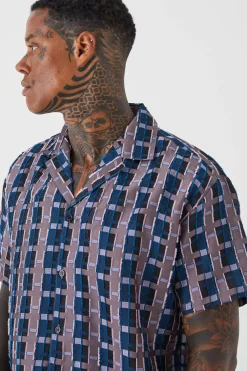 Short Sleeve Oversized Sheer Velour Check Shirt | BoohooMAN UK