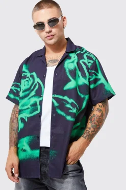 Short Sleeve Oversized Slub Spray Rose Shirt | BoohooMAN UK