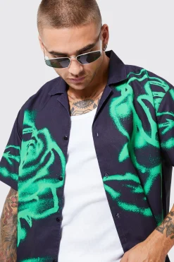 Short Sleeve Oversized Slub Spray Rose Shirt | BoohooMAN UK