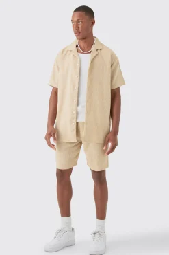 Short Sleeve Oversized Textured Shirt & Short | BoohooMAN UK