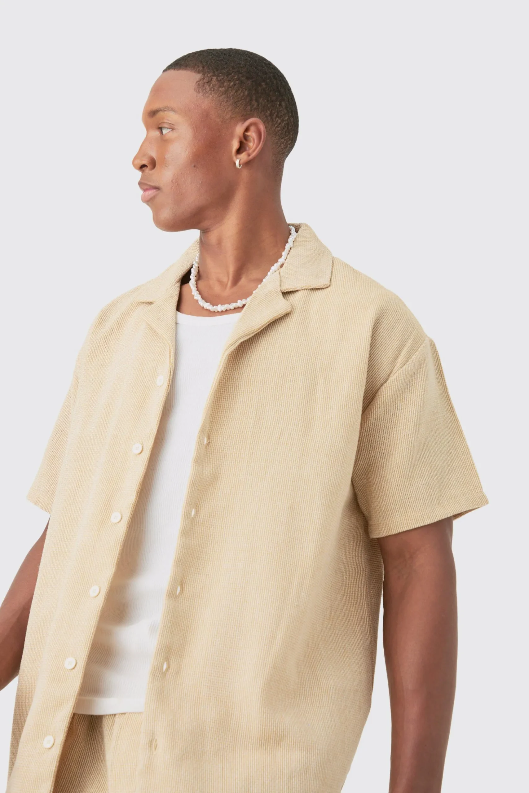 Short Sleeve Oversized Textured Shirt & Short | BoohooMAN UK