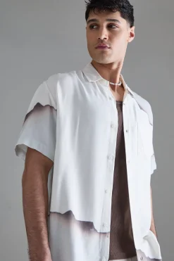 Short Sleeve Oversized Viscose Blur Burnt Paper Shirt | BoohooMAN UK