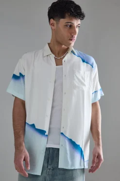 Short Sleeve Oversized Viscose Blur Burnt Paper Shirt | BoohooMAN UK