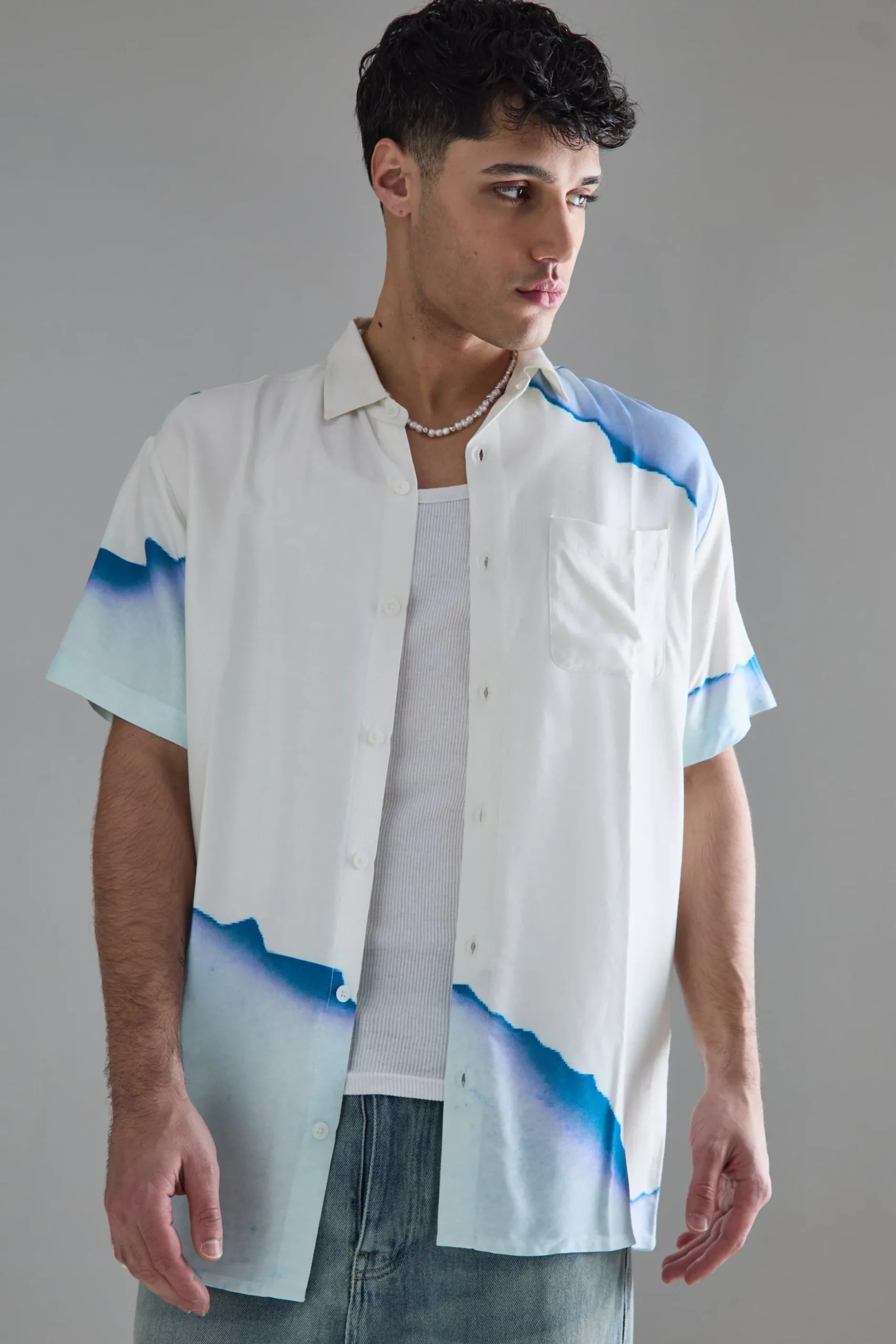 Short Sleeve Oversized Viscose Blur Burnt Paper Shirt | BoohooMAN UK