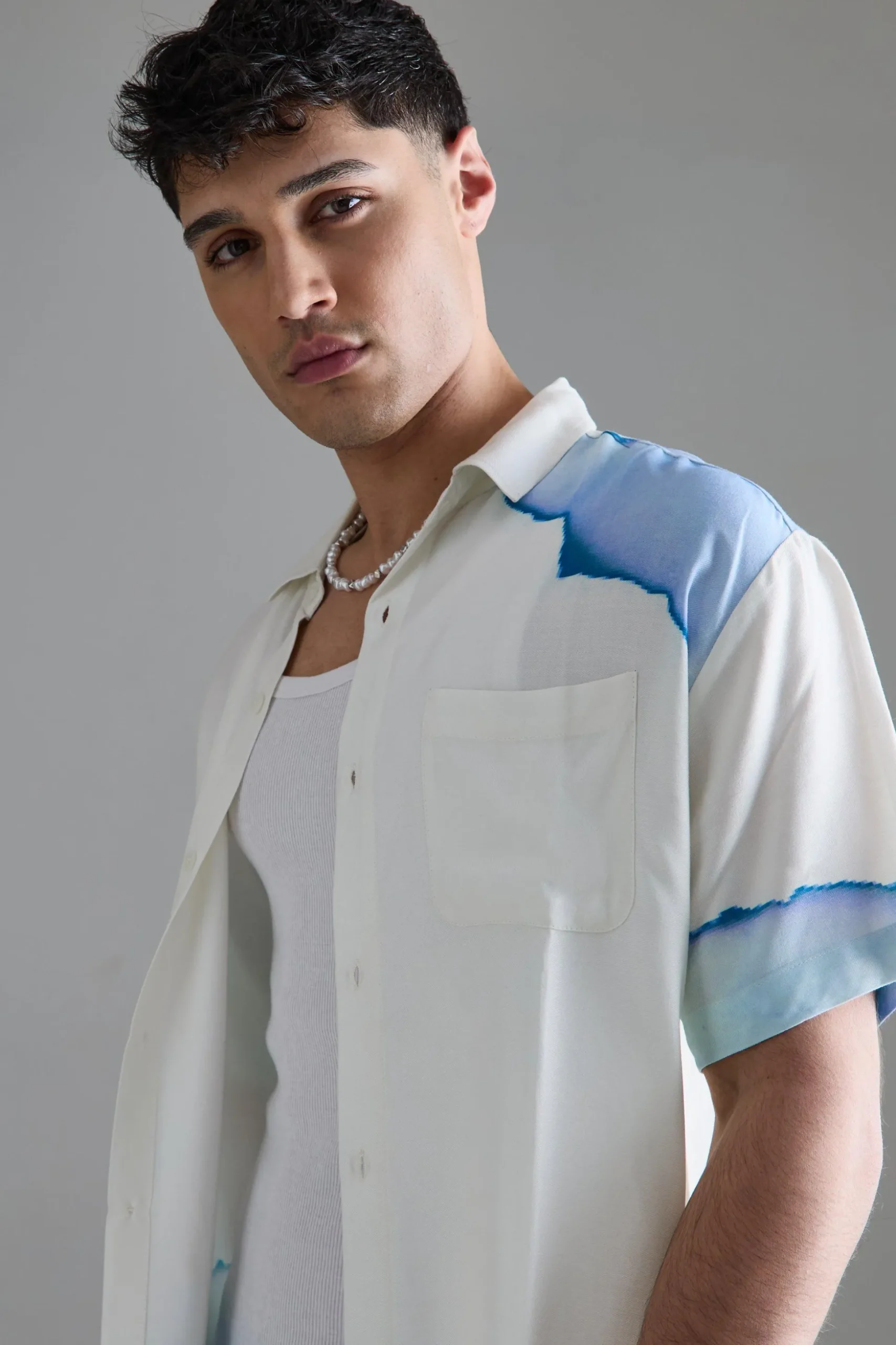 Short Sleeve Oversized Viscose Blur Burnt Paper Shirt | BoohooMAN UK
