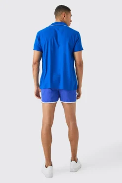 Short Sleeve Plain Piping Shirt & Swim Set | BoohooMAN UK