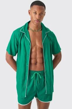 Short Sleeve Plain Piping Shirt & Swim Set | BoohooMAN UK