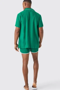 Short Sleeve Plain Piping Shirt & Swim Set | BoohooMAN UK