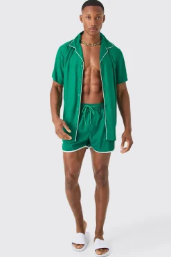 Short Sleeve Plain Piping Shirt & Swim Set | BoohooMAN UK