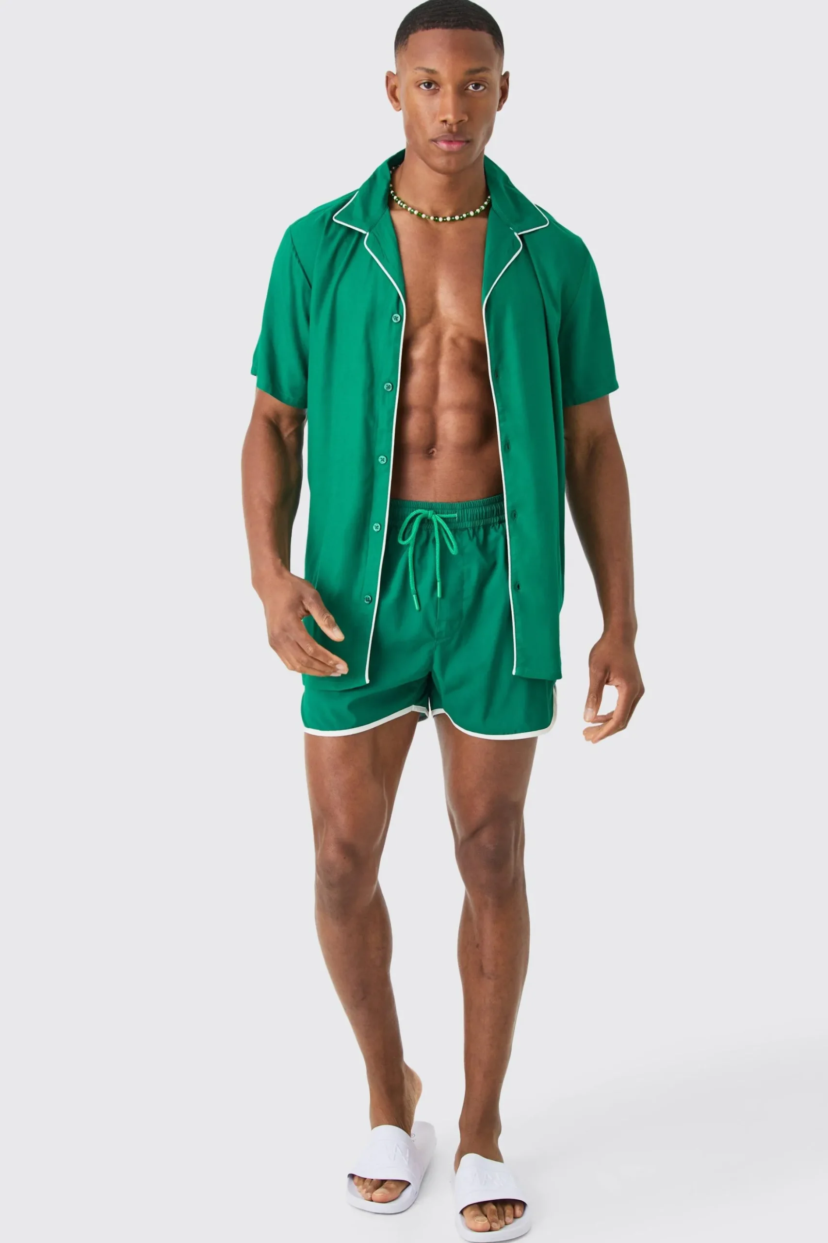 Short Sleeve Plain Piping Shirt & Swim Set | BoohooMAN UK