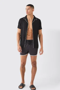 Short Sleeve Plain Piping Shirt & Swim Set | BoohooMAN UK