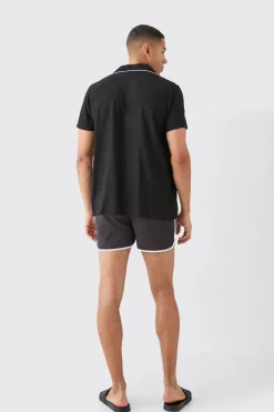 Short Sleeve Plain Piping Shirt & Swim Set | BoohooMAN UK