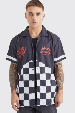 Short Sleeve Poplin Oversized Checkerboard Bowling Shirt | BoohooMAN UK