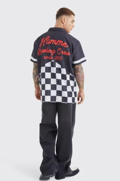 Short Sleeve Poplin Oversized Checkerboard Bowling Shirt | BoohooMAN UK