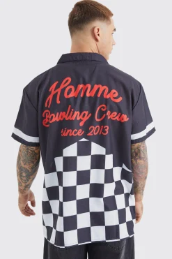 Short Sleeve Poplin Oversized Checkerboard Bowling Shirt | BoohooMAN UK