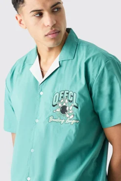 Short Sleeve Poplin Oversized Offcl Bowling Shirt | BoohooMAN UK