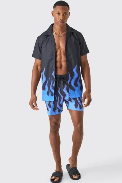 Short Sleeve Printed Flame Shirt & Swim Set | BoohooMAN UK