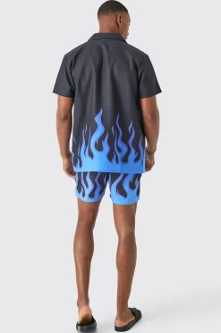 Short Sleeve Printed Flame Shirt & Swim Set | BoohooMAN UK