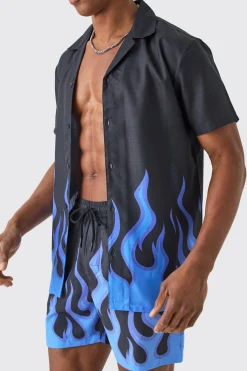 Short Sleeve Printed Flame Shirt & Swim Set | BoohooMAN UK