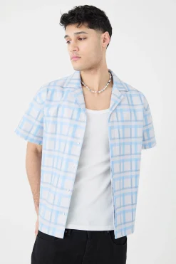 Short Sleeve Revere Boxy Check Pu Shirt | BoohooMAN UK