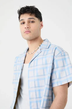 Short Sleeve Revere Boxy Check Pu Shirt | BoohooMAN UK