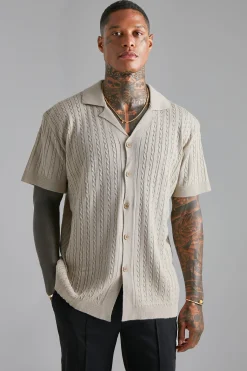 Short Sleeve Revere Cable Knit Shirt | BoohooMAN UK