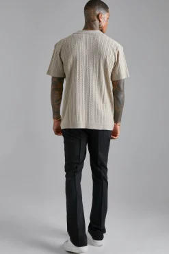 Short Sleeve Revere Cable Knit Shirt | BoohooMAN UK