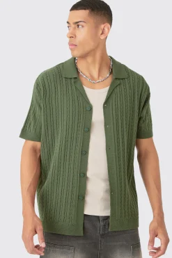 Short Sleeve Revere Cable Knit Shirt | BoohooMAN UK
