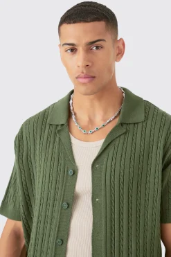 Short Sleeve Revere Cable Knit Shirt | BoohooMAN UK