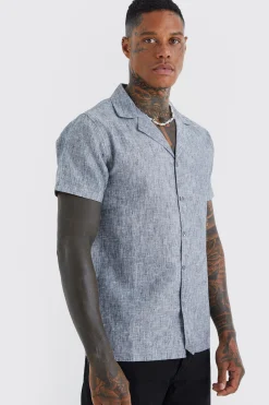 Short Sleeve Revere Linen Look Shirt | BoohooMAN UK